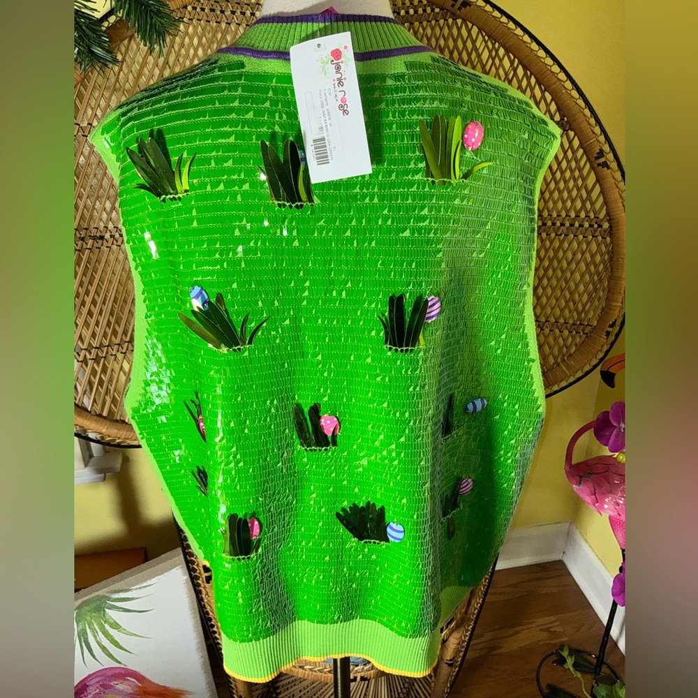 Queen of Sparkles NWT Sequin Easter Egg Grass Vest Size XL - Picture 10 of 11